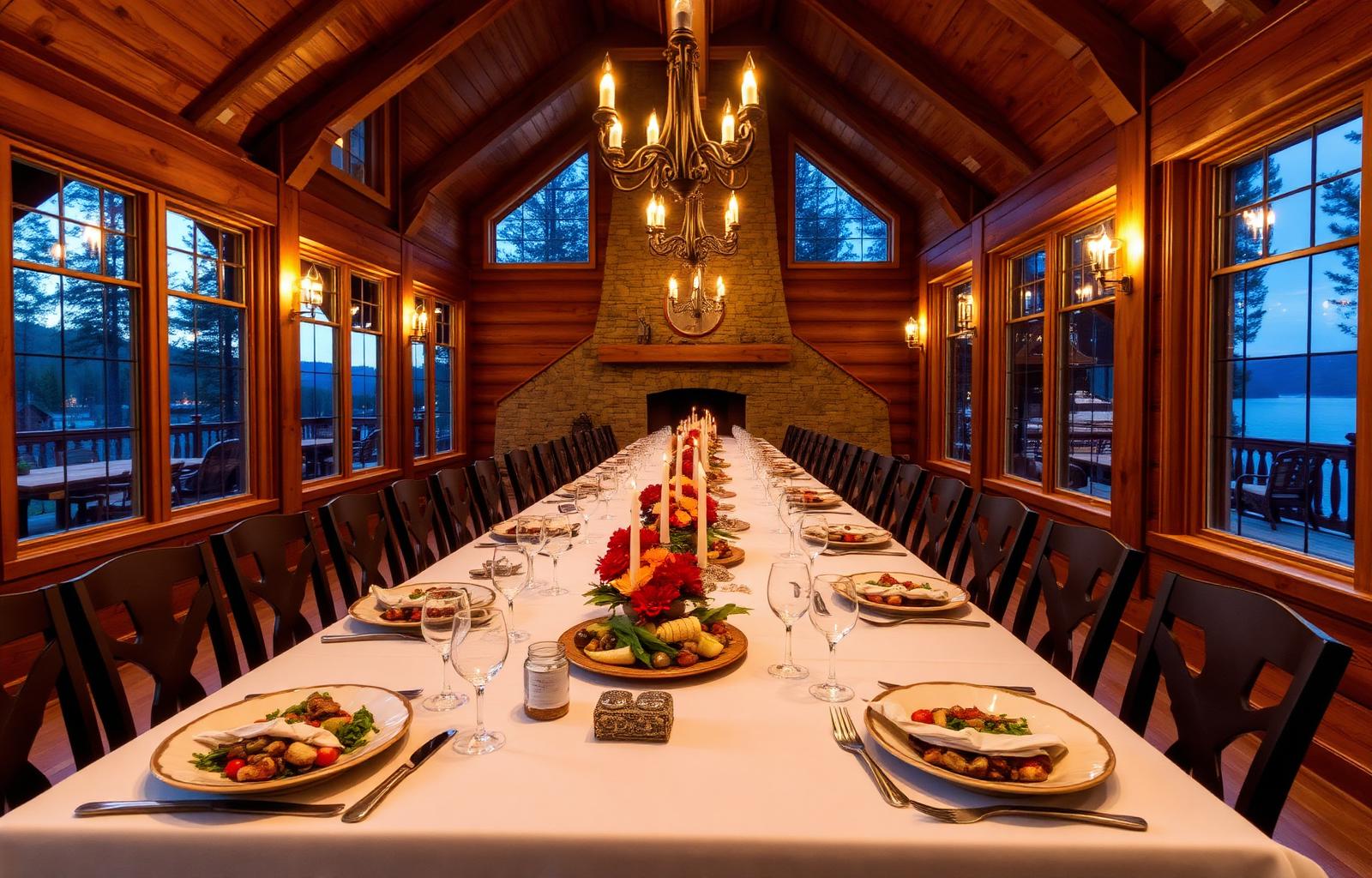 Long candlelit retreat dinner table inside a North Georgia mountain cabin